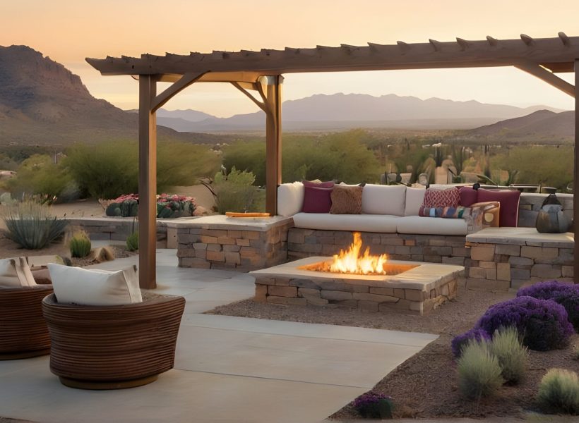 cozy outdoor space with elements such as a fire pit pergola and garden bed against the backdrop of a desert mountain view and romantic sky colors Pergola In Arizona
